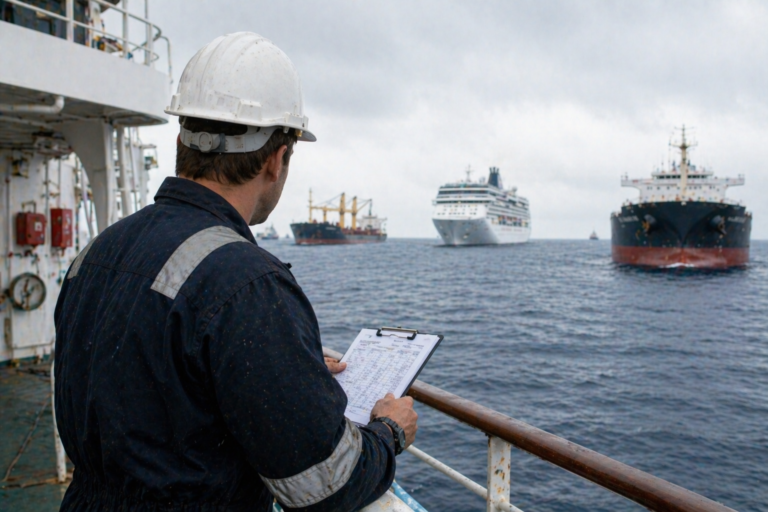 Ship’s crew member in navy work clothes and a white hard hat on deck, holding a clipboard and monitoring traffic on a busy seaway