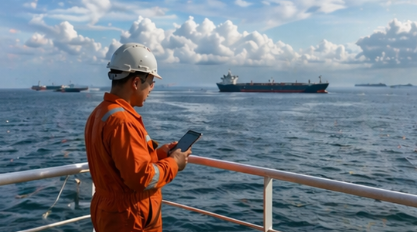 Seafarer in orange high-visibility coveralls and a white hard hat on deck, watching a cargo ship on the horizon