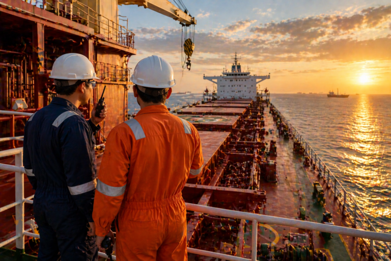 Two seafarers in PPE and hard hats on a red commercial ship at sunset, looking along the bow
