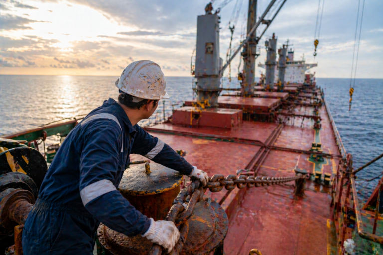 Deck seafarer in blue overalls and hard hat working with ropes and deck gear on a red-hulled ship