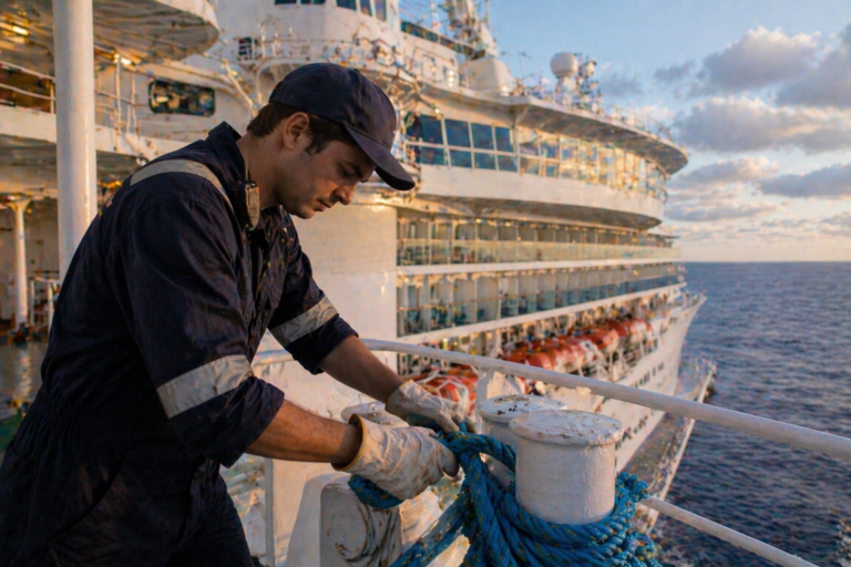 Marine technician in a dark blue work uniform and cap, servicing equipment on a blue-painted ship’s deck