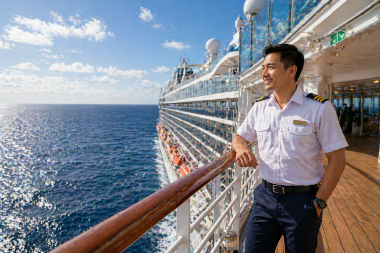 Smiling ship’s officer in white short-sleeved uniform on a cruise-ship open deck, sea and clear sky in the background