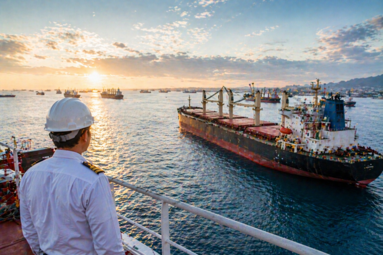 Officer in white ship’s uniform and hard hat on a high bridge, viewing a port with multiple vessels at sunset