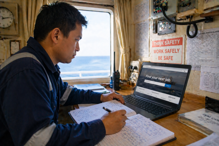 Marine officer in a dark blue uniform working on a laptop and writing notes in a logbook in a ship’s cabin